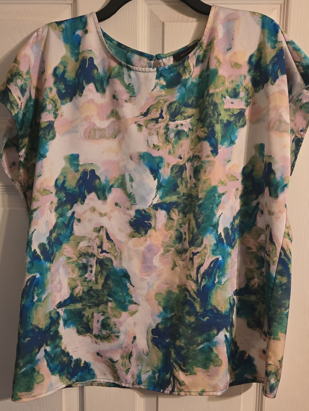 Halogen Abstract Watercolor Cap Sleeve Blouse - Blue, Green & Pink